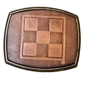 Vintage El Cid Belt Buckle‎ Leather Inlay Geometric Checkerboard Brass Tone 3in